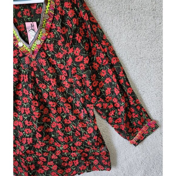 NEW Dolly's D-Lite Custom Long Sleeve V Neck Micro Mini Dress Floral Fringe Sz M - Picture 7 of 16